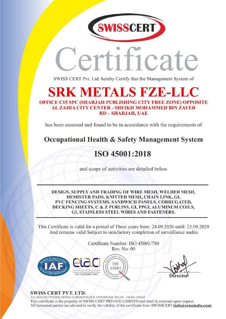 ISO 45001:2018 certificate issued to SRK METALS FZE-LLC